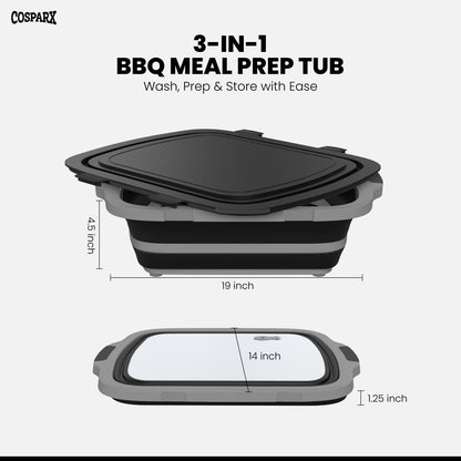 XL Collapsible BBQ Prep Tub with Cutting Board & Drain Plug – Portable Food Prep Station for Kitchen, Camping & Grill – Dishwasher Safe, Space-Saving Design – Heat-Resistant Glove Included (Black)