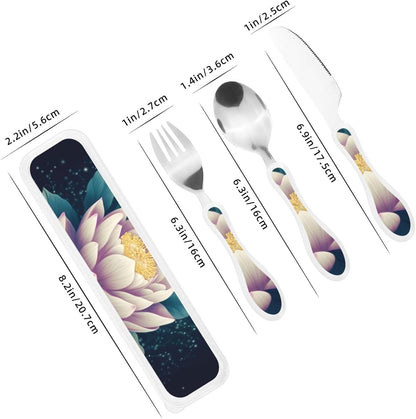3-Piece Kids Silverware Set With Storage Case, Stainless Steel Reusable Children Safe Knife Spoon Fork Set Leaves Floral On Rustic Wood Children Flatware Set For Kids Lunch Box