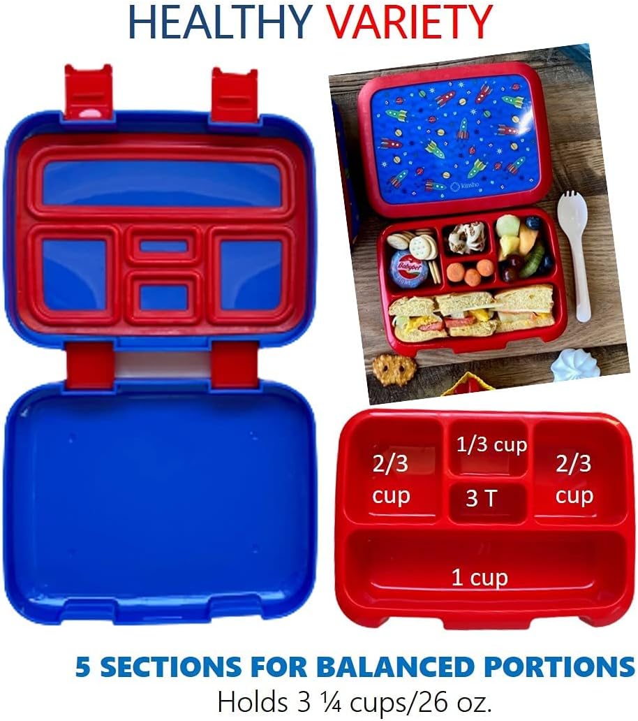 Kinsho Bento Lunch Box for Kids Toddlers, 5 Portion Control Sections, BPA Free Removable Plastic Tray, Pre-School Kid Toddler Daycare Lunches, Snack Container Ages 3 to 7 (Blue Space Rockets)