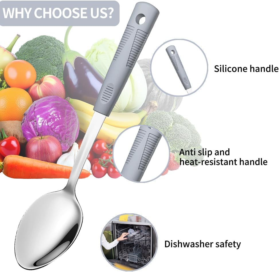 2-Piece Serving Spoons, 11-Inch, Solid & Slotted, Platinum Silicone