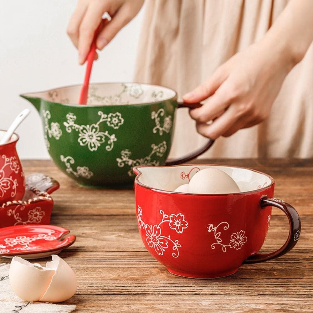 Gaolinci Cherry Blossom Pattern Kitchen Ceramic Mixing Bowl, 1 Quart Large Bowl, with Pouring Spout and Handle