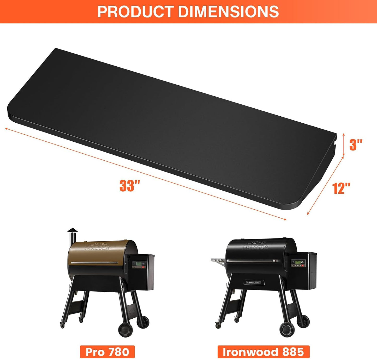 QuliMetal Folding Front Shelf for Traeger Pro 34, Texas Elite 34, Century 885 and Eastwood 34, 37" x 12" Heavy-Duty Grill Prep Table with Cutting Board, Stainless Steel Basin, Lid and 5 Hooks