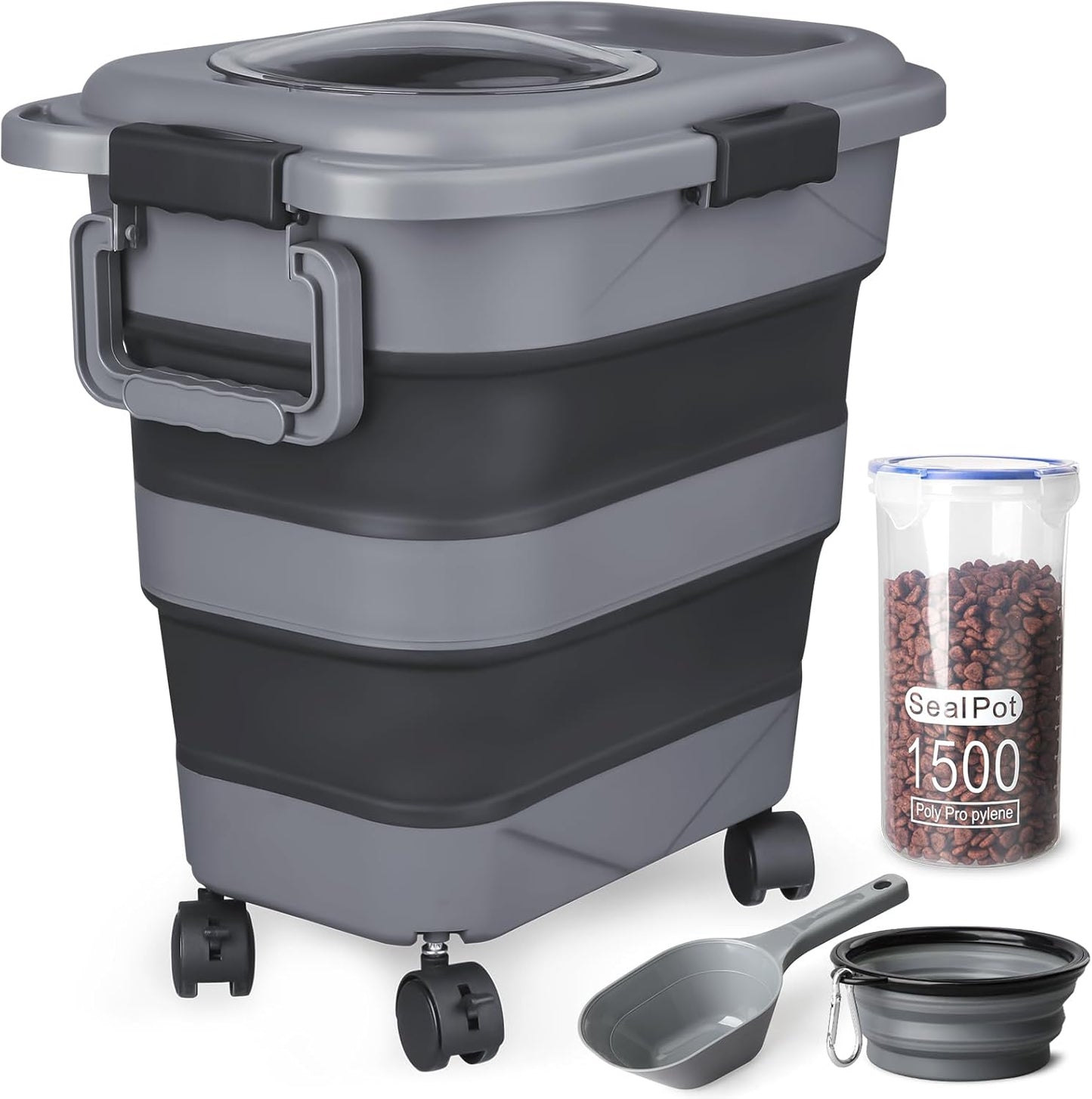Dog Food Storage Container，10-25 lbs Airtight Collapsible Cat Food Storage Container with Attachable Wheels, Portable Handle, Dog Food Scoop for Dog Cat Bird Pet Dry Food Storage Bin Light Grey