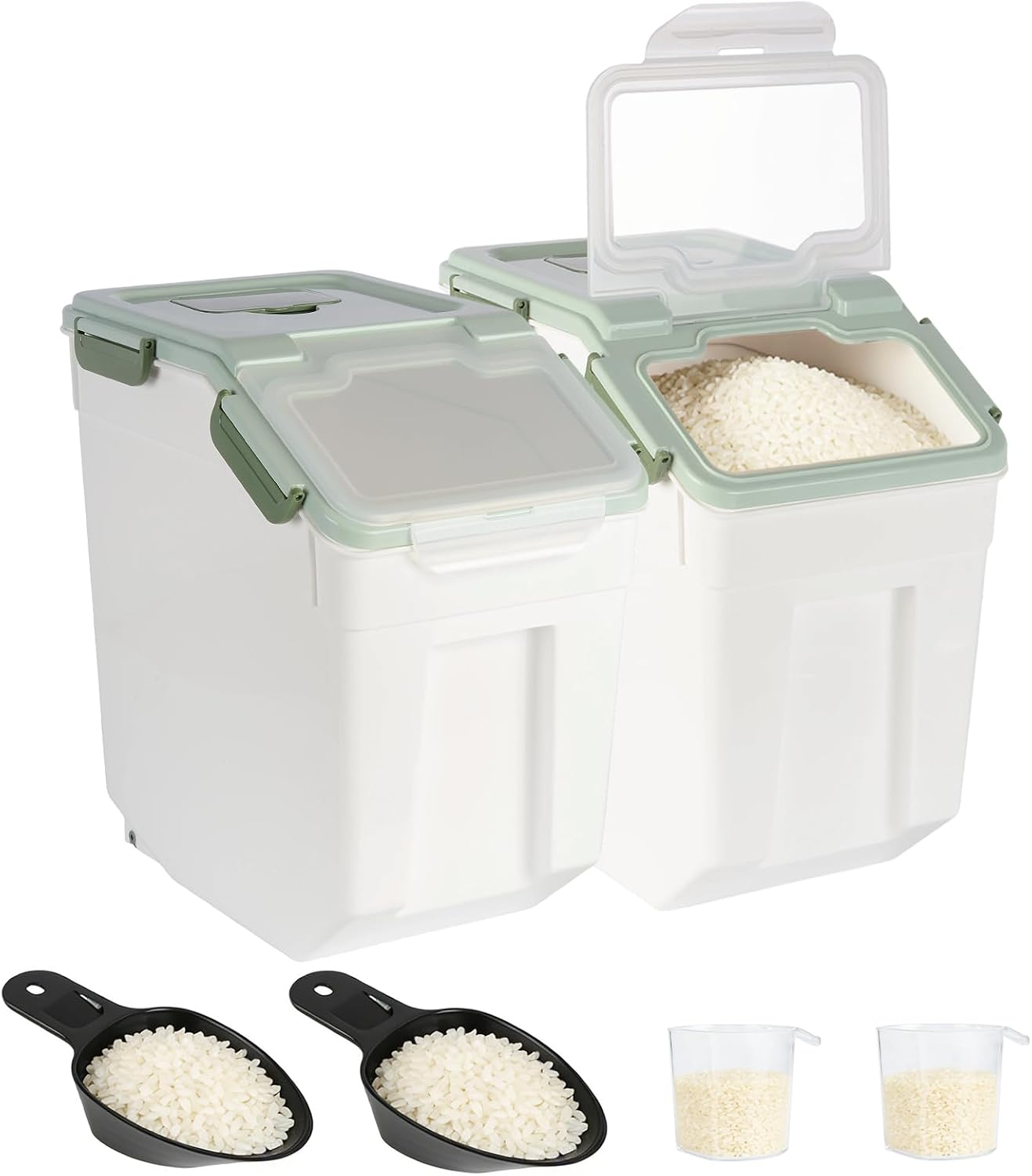 4 Pack Rice Container 25 lbs Large Bulk Flour Sugar Storage Holdhouse Plastic Grain Cereal Dry Goods Bin with Spoon and Measuring Cup for Kitchen Pantry Organization - Green