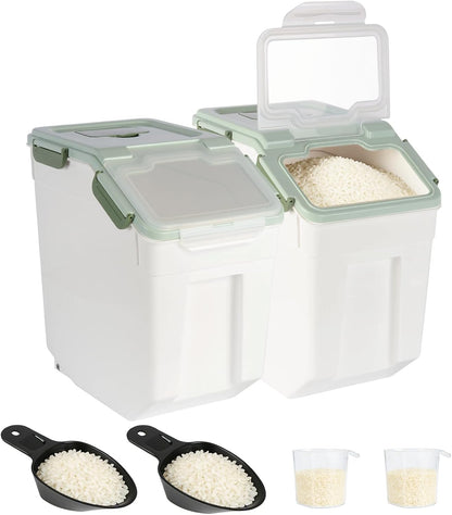 4 Pack Rice Container 25 lbs Large Bulk Flour Sugar Storage Holdhouse Plastic Grain Cereal Dry Goods Bin with Spoon and Measuring Cup for Kitchen Pantry Organization - Green