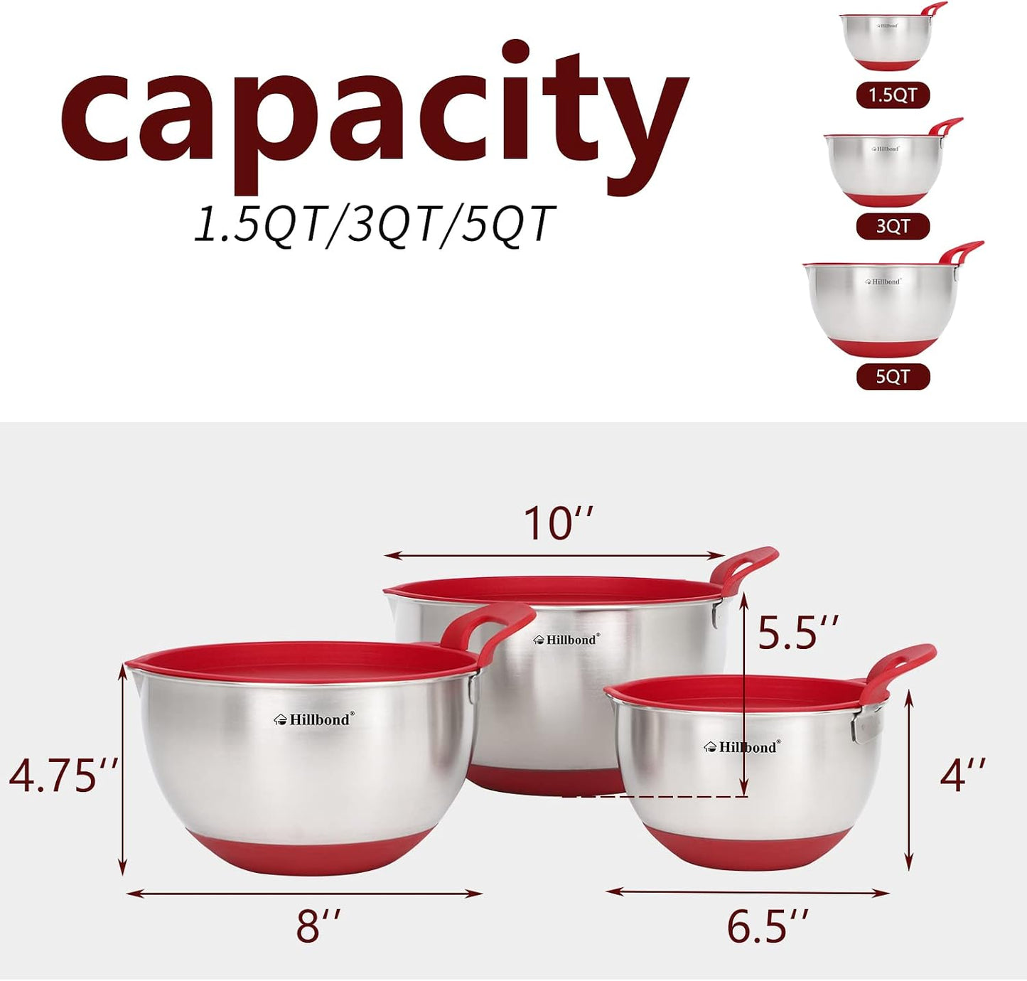 Hillbond Stainless Steel Bowls with Lids Set Mixing Bowls with Pour Spout, Silicone Handle and Non-Slip Bottoms for Baking, Metal Bowls Mixing Dishwasher Safe, Set of 3, Mother’s Day Gift (Black)