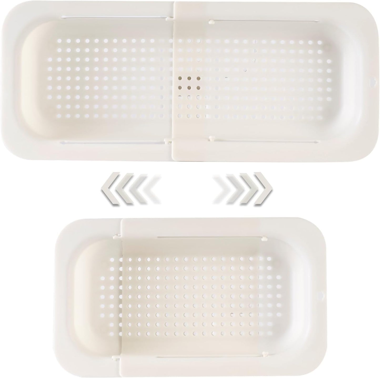 Extendable Sink Colander Strainer Basket - Wash Vegetables and Fruits, Drain Cooked Pasta and Dry Dishes - Adjustable Over the Sink Colander Collapsible Drainer Basket - White