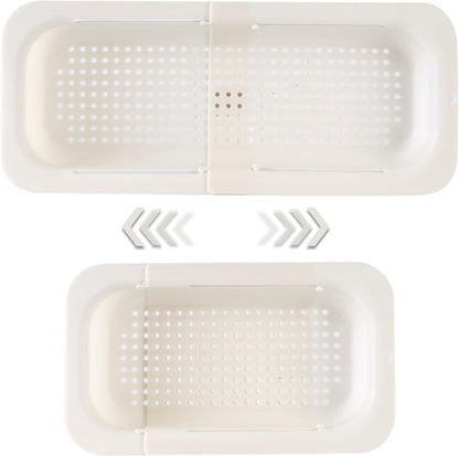 Extendable Sink Colander Strainer Basket - Wash Vegetables and Fruits, Drain Cooked Pasta and Dry Dishes - Adjustable Over the Sink Colander Collapsible Drainer Basket - White
