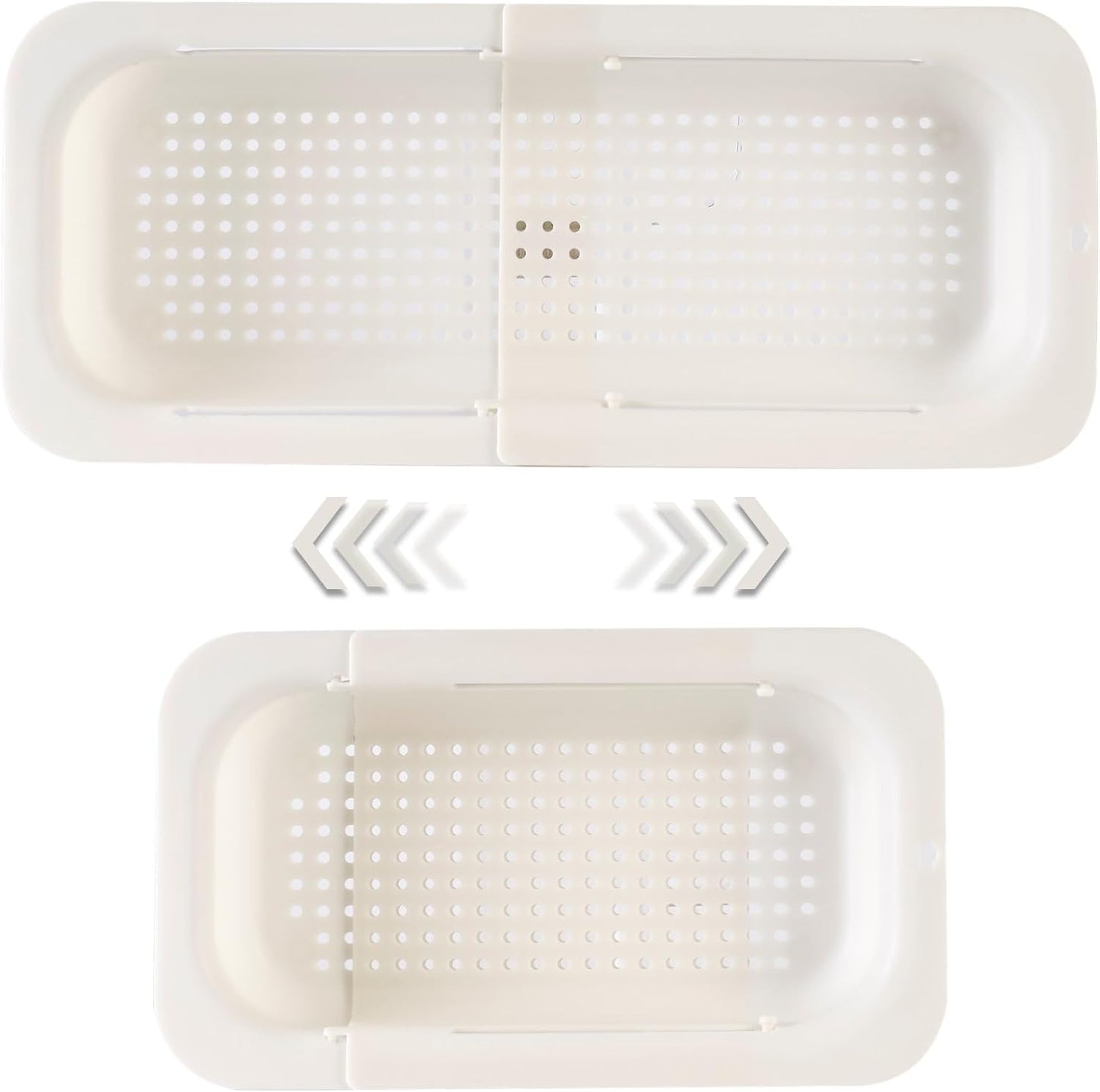Extendable Sink Colander Strainer Basket - Wash Vegetables and Fruits, Drain Cooked Pasta and Dry Dishes - Adjustable Over the Sink Colander Collapsible Drainer Basket - White