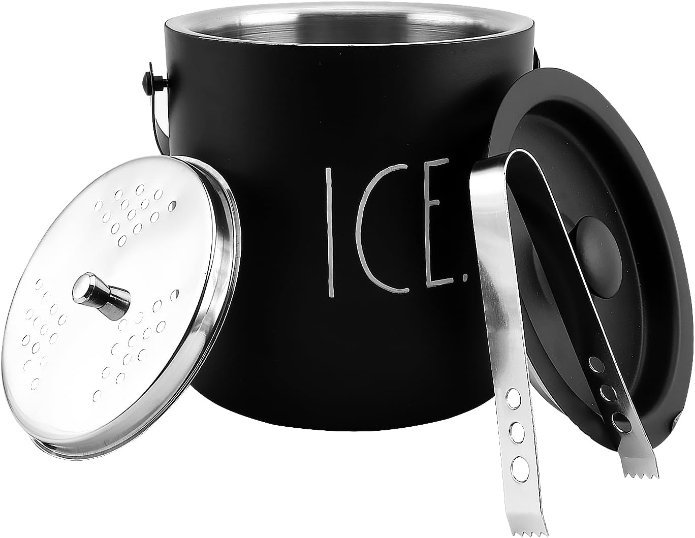 Rae Dunn Ice Bucket with Scoop - Stainless Steel Bucket with Handle, Lid and Ice Scooper - 4 Qt. Storage Bin for Ice Cubes for Bars, Parties, Backyard Barbeques, Picnics, and Camping (Black)