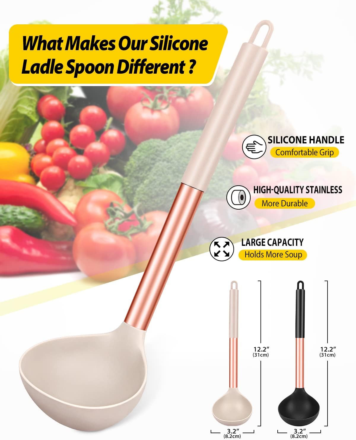 Pack of 2 Ladle Spoon,Silicone Large Spoon for Soup,Non Stick Kitchen Utensils with High Heat Resistant,BPA Free Perfect Kitchen Tools for Cooking, Stirring,Serving Soups (BLACK-WHITE)