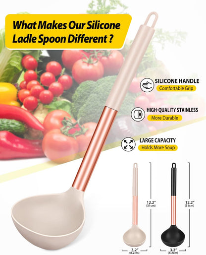 Pack of 2 Ladle Spoon,Silicone Large Spoon for Soup,Non Stick Kitchen Utensils with High Heat Resistant,BPA Free Perfect Kitchen Tools for Cooking, Stirring,Serving Soups (BLACK-WHITE)