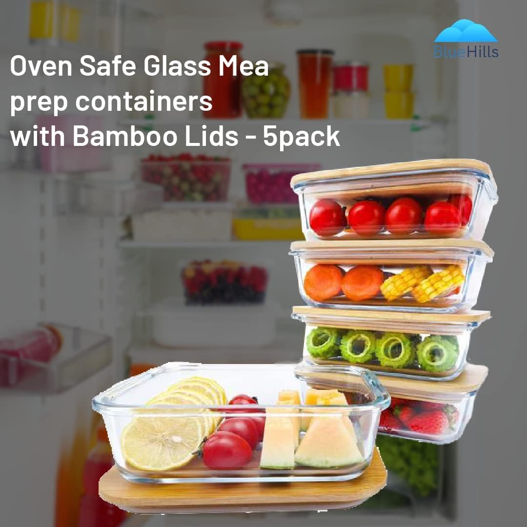 BlueHills Premium Glass Meal Prep Lunch Containers with Snap Green Lock Lids Glass Food Containers BPA-Free Oven Freezer Dishwasher Safe 5 pack set 10 pieces 36 Oz 4.5 cups (G002 Two Compartments)