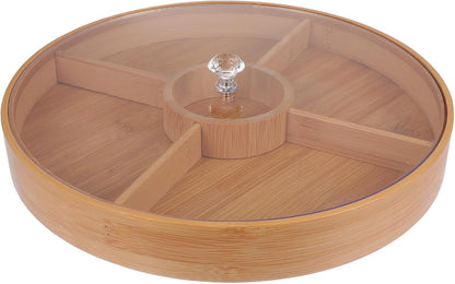 Bamboo Snack Tray with Lid - 4 Compartment Fruit Plate for Serving Dried Fruits, Nuts, Snacks - Wooden Tray for Food Storage Home Use, 11.81 X 11.81 X 1.57 Inches