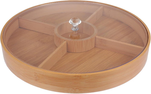 Bamboo Snack Tray with Lid - 4 Compartment Fruit Plate for Serving Dried Fruits, Nuts, Snacks - Wooden Tray for Food Storage Home Use, 11.81 X 11.81 X 1.57 Inches