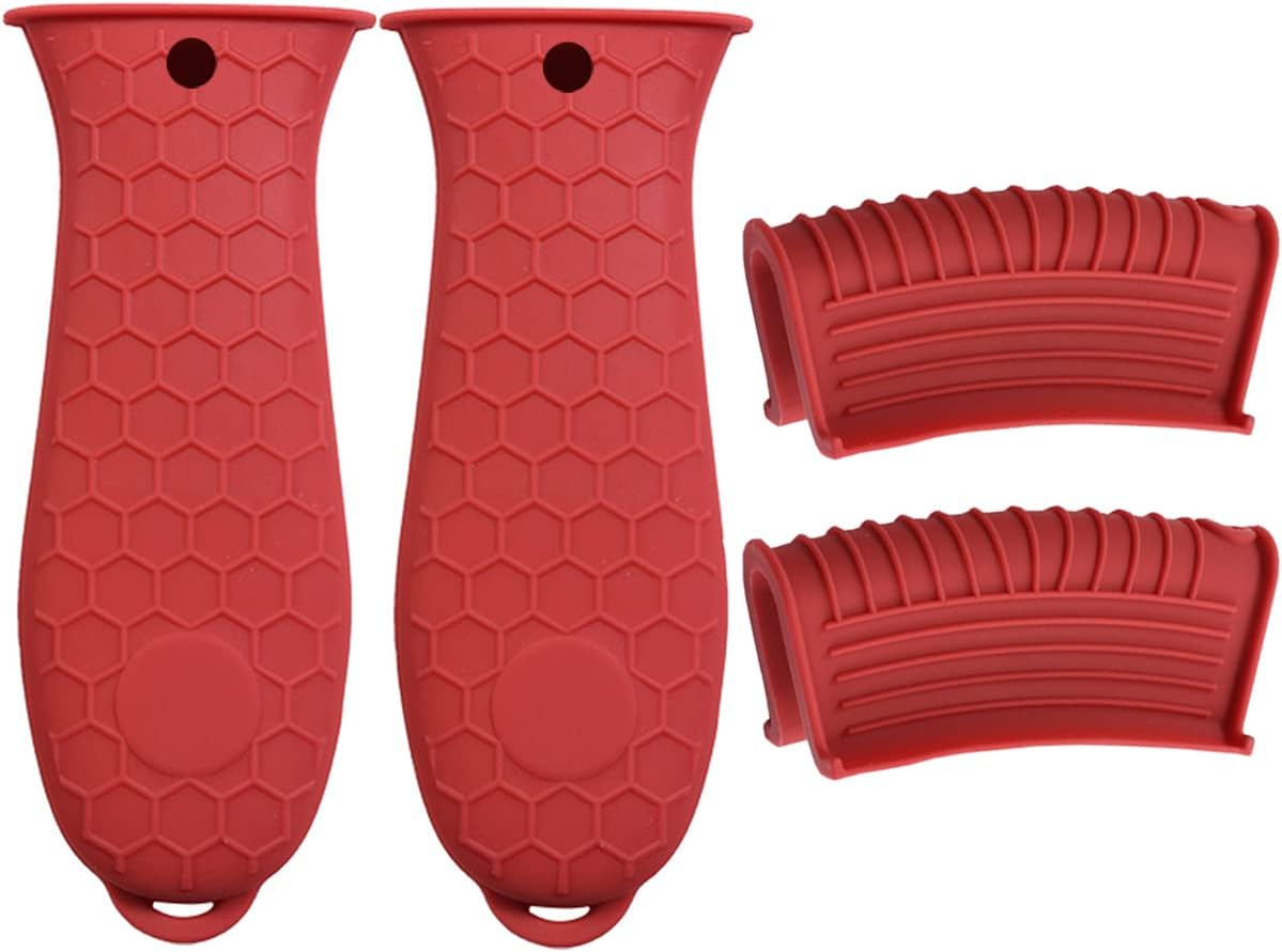 HZMM 3 Pack Silicone Hot Handle Holder, Assist Pan Handle Sleeve Pot Holders Cast Iron Skillets Handles Grip Covers Nonslip Heat Resistant for Pots Enameled Casserole Metal Frying Pans Cookware, Red