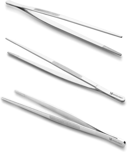 Set of 3 Kitchen Tweezers Fine Tweezer Tongs, MSY BIGSUNNY Stainless Steel Food Tweezers, Precision Serrated Tips Food Tongs (8.5" 10" and 12")