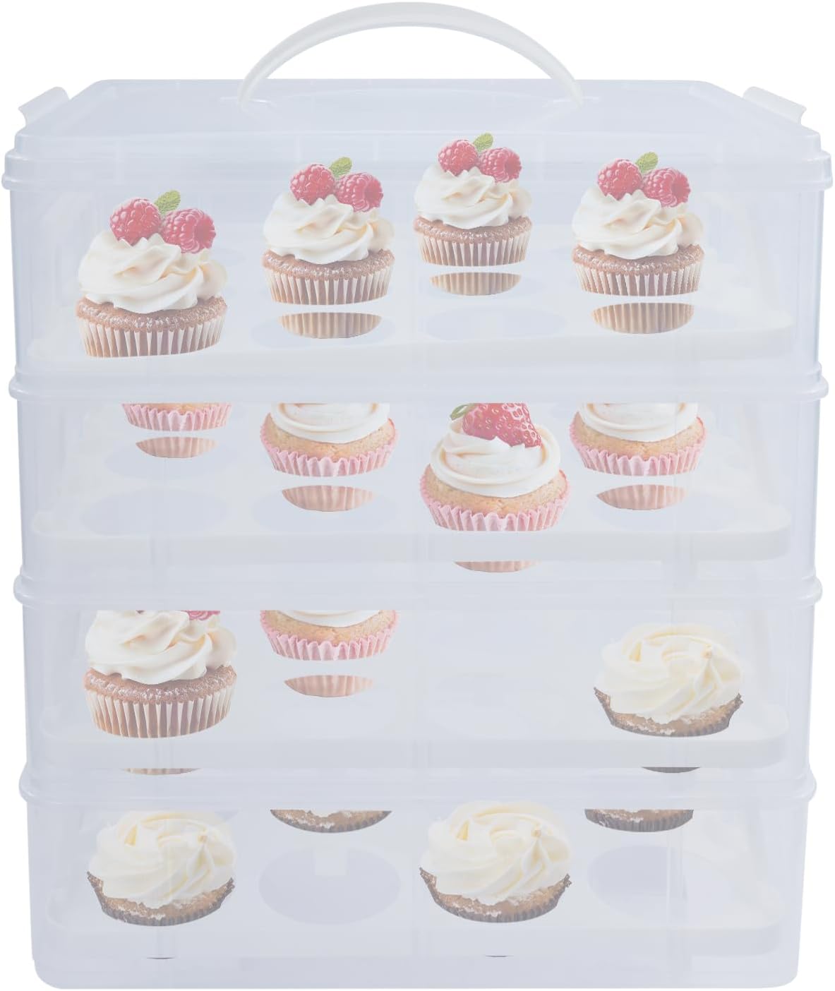 4-Tier Cupcake Carrier, Stackable Storage Container with Transparent Lid & Handle - Holds 48 Cupcakes or Muffins for Parties, Baking, Picnics | Use 1,2,3 or 4 Tiers (White)
