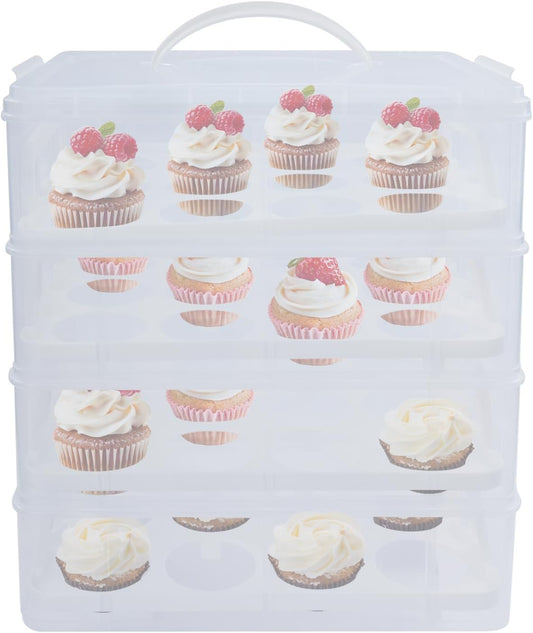 4-Tier Cupcake Carrier, Stackable Storage Container with Transparent Lid & Handle - Holds 48 Cupcakes or Muffins for Parties, Baking, Picnics | Use 1,2,3 or 4 Tiers (White)