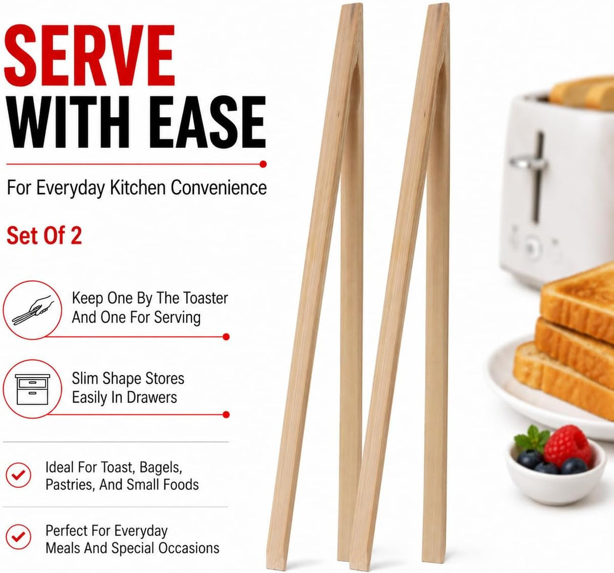 HIC Kitchen Toast Tongs, Natural Bamboo, 6.5-Inches