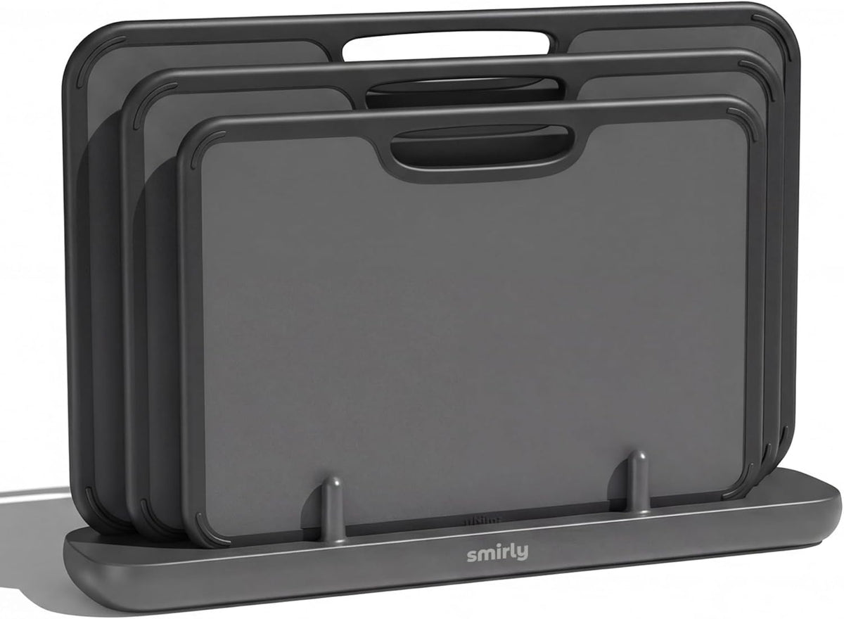 SMIRLY Plastic Cutting Board Set with Holder, Non-Slip Chopping Boards for Kitchen, Dishwasher Safe, Essential Kitchen Gadgets, 3 Pack, Green