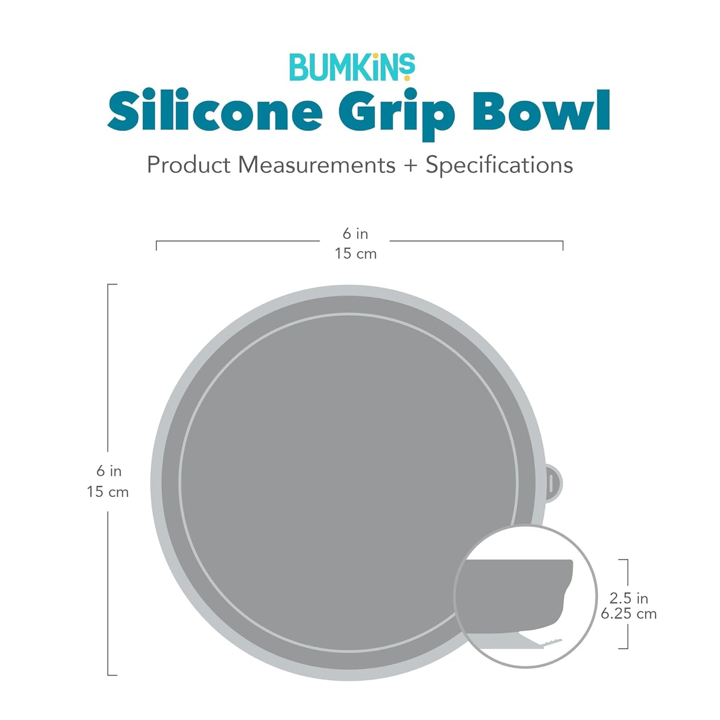 Bumkins Baby Bowl, Silicone Suction, for Babies, Toddlers and Kids, Baby Led Weaning, Feeding Essentials, Platinum Silicone, Non Skid Sticky Bottom, Supplies for Children Ages 6 Months Up, Gray