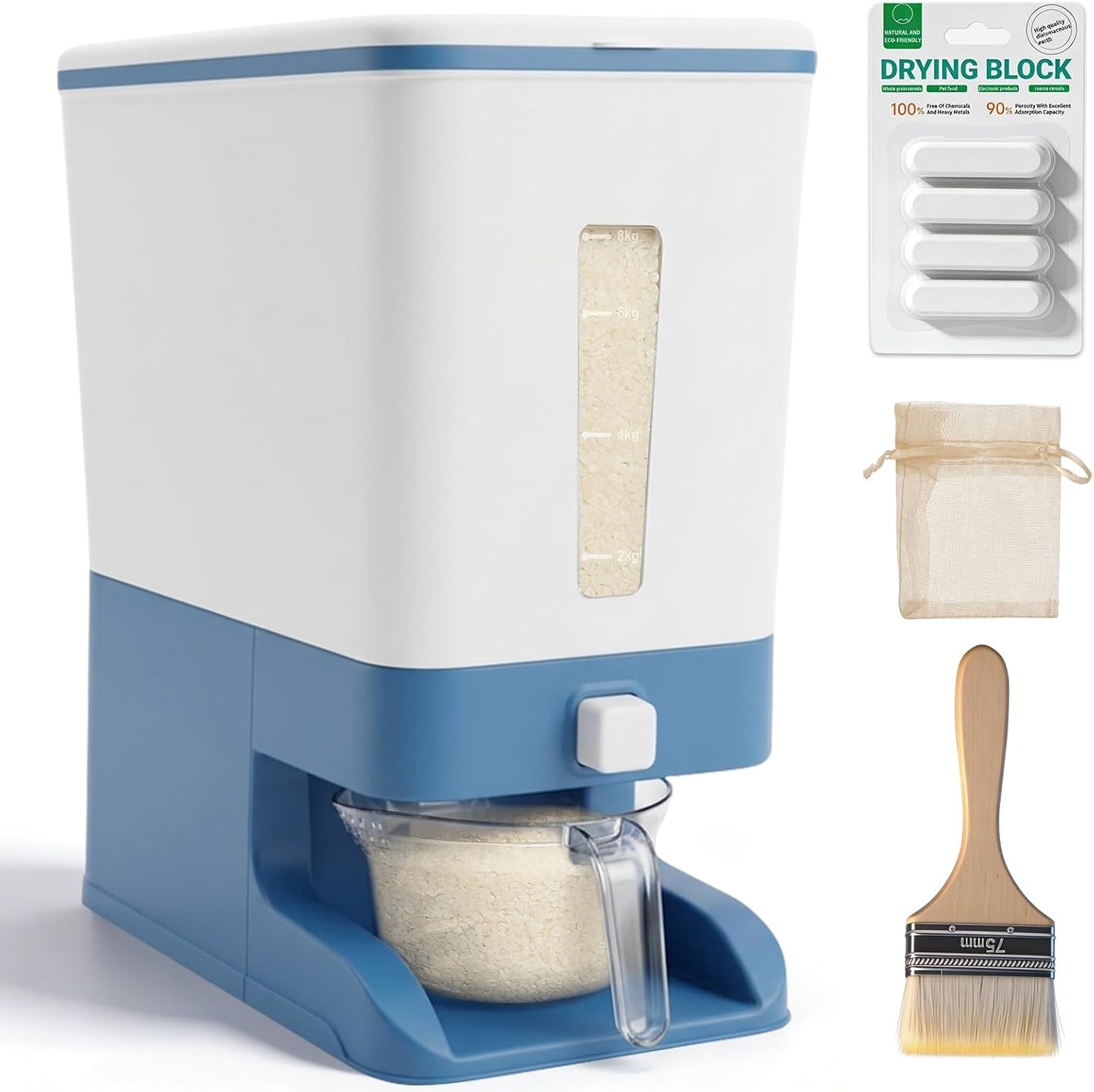 Mity rain Rice Dispenser 20 Lbs with Moisture Absorbing Clay, Rice Storage Container with Measuring Cup, 12 L Cereal Containers Storage Airtight for Kitchen Pantry Organization