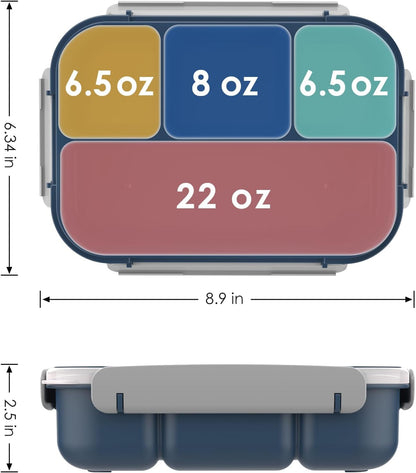 WHALEHOUSE Bento Lunch Box, 1300ML 4 Compartments Meal Prep Container with Utensil, Airtight Food Storage Container with Snap Locking Lids, Microwave/Dishwasher/Freezer Safe, On the Go