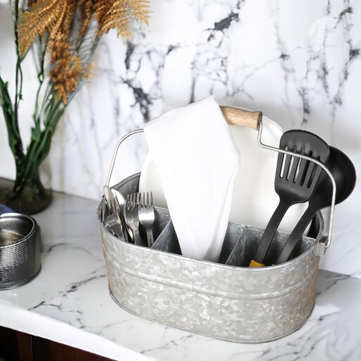CLEENTABLE Farmhouse Galvanized Metal Utensil Caddy – 4-Compartment Silverware Organizer with Removable Handle for Countertop, Picnic & Party Use (10"x6.5"x5.5", Grey)
