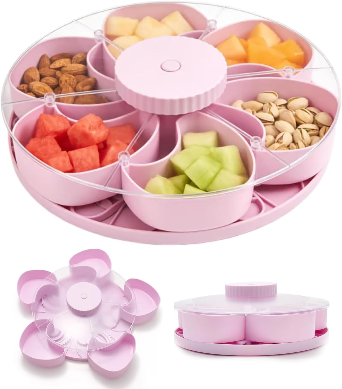 Divided Spin Snack Tray, New 5-Compartment Rotating Snack Tray, Rotating Snack Box Container with Lid, Perfect for Snacks, Fruit & Party Appetizers (Grey)