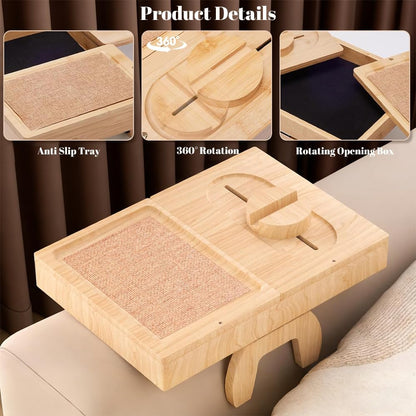 Wooden Couch Cup Holder Tray with 2 Rotatable Tray, Couch Arm Tray with 360° Rotating Phone Holder & Anti Slip Tray, Armrest Tray Table for Couch, for Snacks, Drinks, Remotes