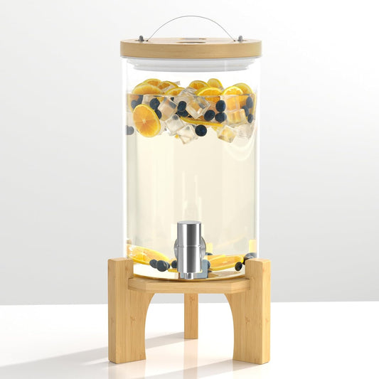 1 Gallon Glass Drink Dispenser For Parties, Beverage Dispenser With Bamboo Wood Stand And Stainless Steel Spigot, Countertop Water Dispenser, Lemonade Dispenser For Wedding, Picnic (1PACK)