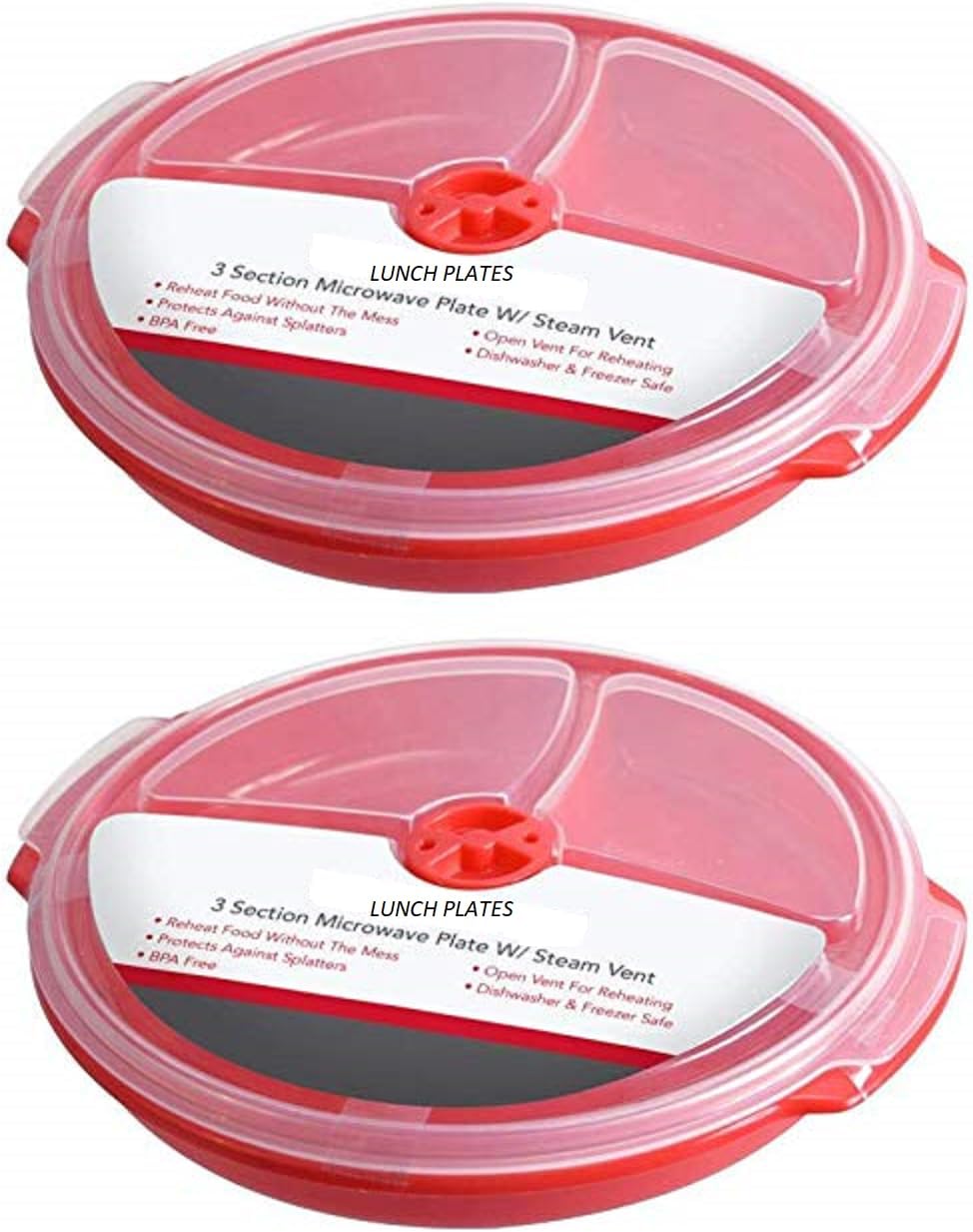 3 pack- Microwave Food Storage Travel Tray Containers - Portion Control - 3 Section Compartment Divided Plates with Vented Lid For Easy Reheat (3, Red)