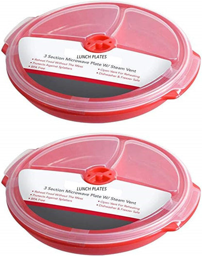 3 pack- Microwave Food Storage Travel Tray Containers - Portion Control - 3 Section Compartment Divided Plates with Vented Lid For Easy Reheat (3, Red)