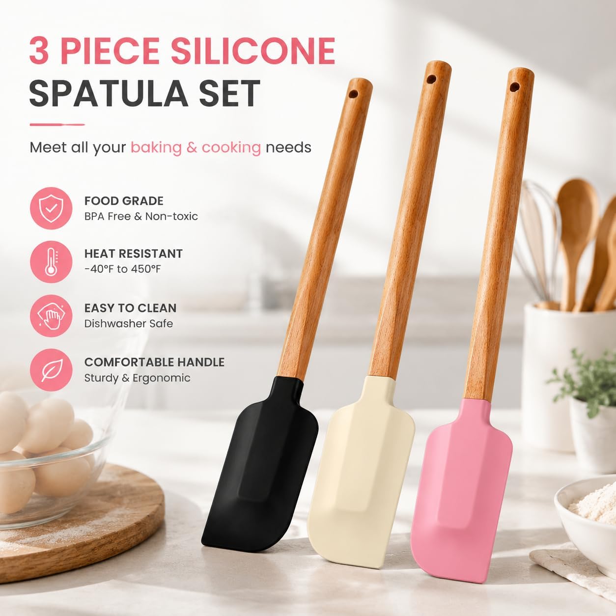 Silicone Spatula Set 3 Pieces - BPA Free&600 ° F High Temperature Resistant, Suitable for Baking, Cooking, and Stirring, Non Damaging and Non Sticky Pot Coatings