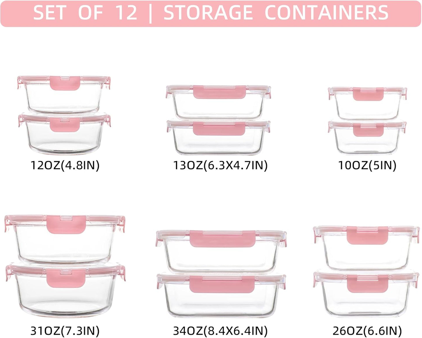 12 Pack Glass Storage Containers with Lids, Leak-Proof Meal Prep Containers, Dishwasher/Microwave/Oven/Freezer Safe Glass Food Storage Containers for Leftovers, to Go