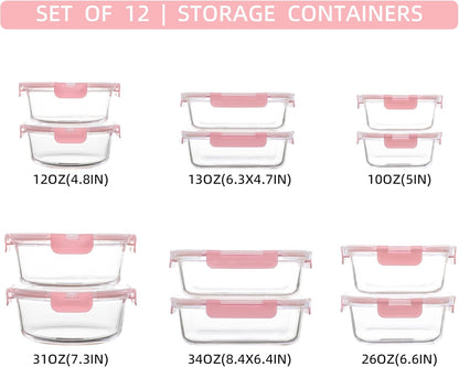 12 Pack Glass Storage Containers with Lids, Leak-Proof Meal Prep Containers, Dishwasher/Microwave/Oven/Freezer Safe Glass Food Storage Containers for Leftovers, to Go