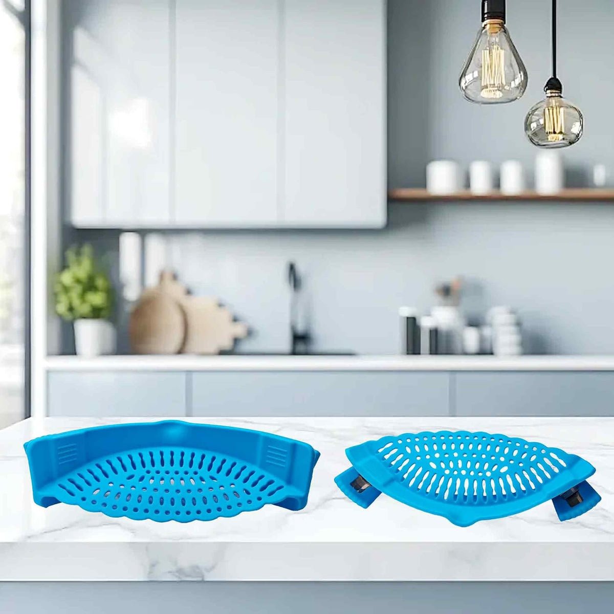 Blue Silicone Clip On Strainer, Universal Pot Colander for Draining Pasta, Vegetables and Kitchen Cooking