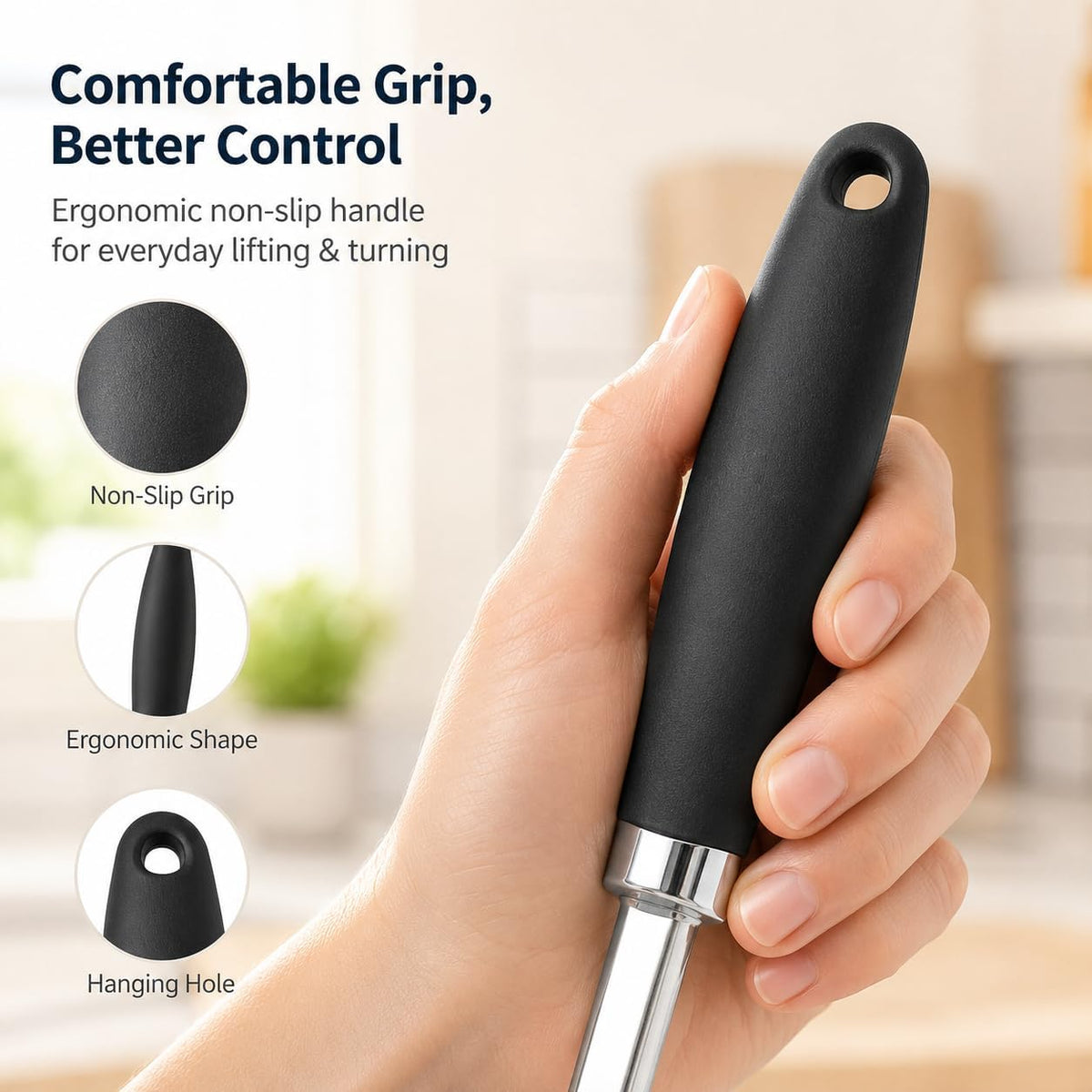 304 Stainless Steel Fish Spatula, Thin Flexible Slotted Turner | Non-Slip Ergonomic Handle, Metal Spatula for Fish, Eggs, Burgers, Cast Iron & Griddle, Black