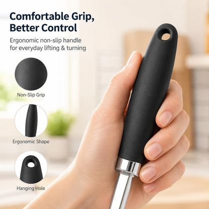 304 Stainless Steel Fish Spatula, Thin Flexible Slotted Turner | Non-Slip Ergonomic Handle, Metal Spatula for Fish, Eggs, Burgers, Cast Iron & Griddle, Black