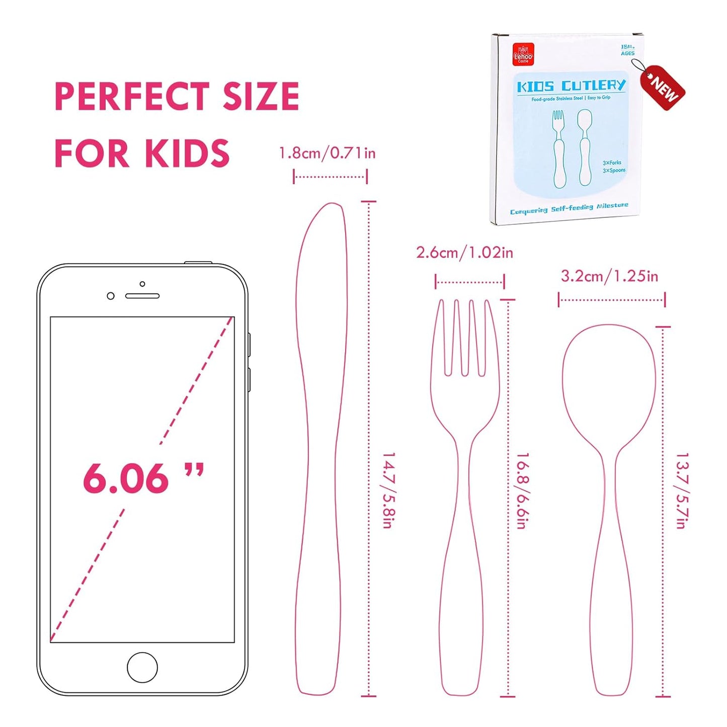 Lehoo Castle 6 Pieces Toddler Utensils, Kids Silverware for 2 3 4 Years Old, Stainless Steel Fork and Spoon Set with Plastic Handle, Safe Toddler Cutlery (Dinosaur)