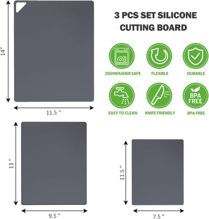 WK Flexible Plastic Cutting Mats for Kitchen Set of 3, Non Slip Cutting Mat, Thin Cutting Sheets, BPA Free, Dishwasher Safe, Multi Sizes, Multi Colors