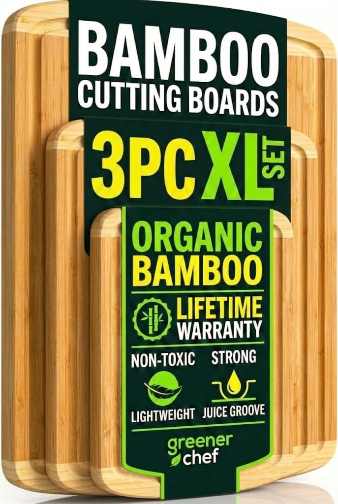 Greener Chef Luxury Wood Cutting Board 3-Piece Set with Vertical Grain Strength Technology - Extra Large Bamboo Cutting Boards for Kitchen with Deep Juice Grooves for Chopping - Lifetime Replacements