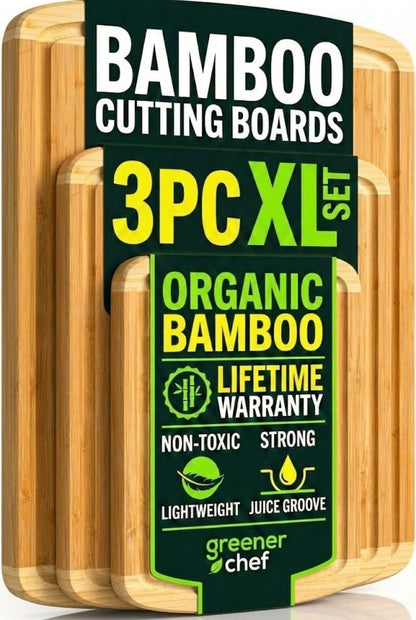 Greener Chef Luxury Wood Cutting Board 3-Piece Set with Vertical Grain Strength Technology - Extra Large Bamboo Cutting Boards for Kitchen with Deep Juice Grooves for Chopping - Lifetime Replacements