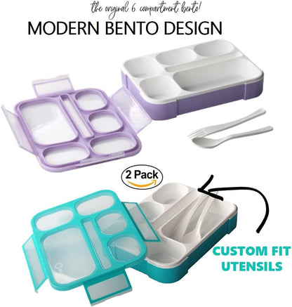 Glitter Lunch Box for Girls, Bento Boxes for School, Pre-School, Toddler Daycare, Travel. Kids Snack Containers, 6 Divided Leak Proof Compartments, BPA Free, Cute 2 Pack Set, Utensils, Pink & Purple
