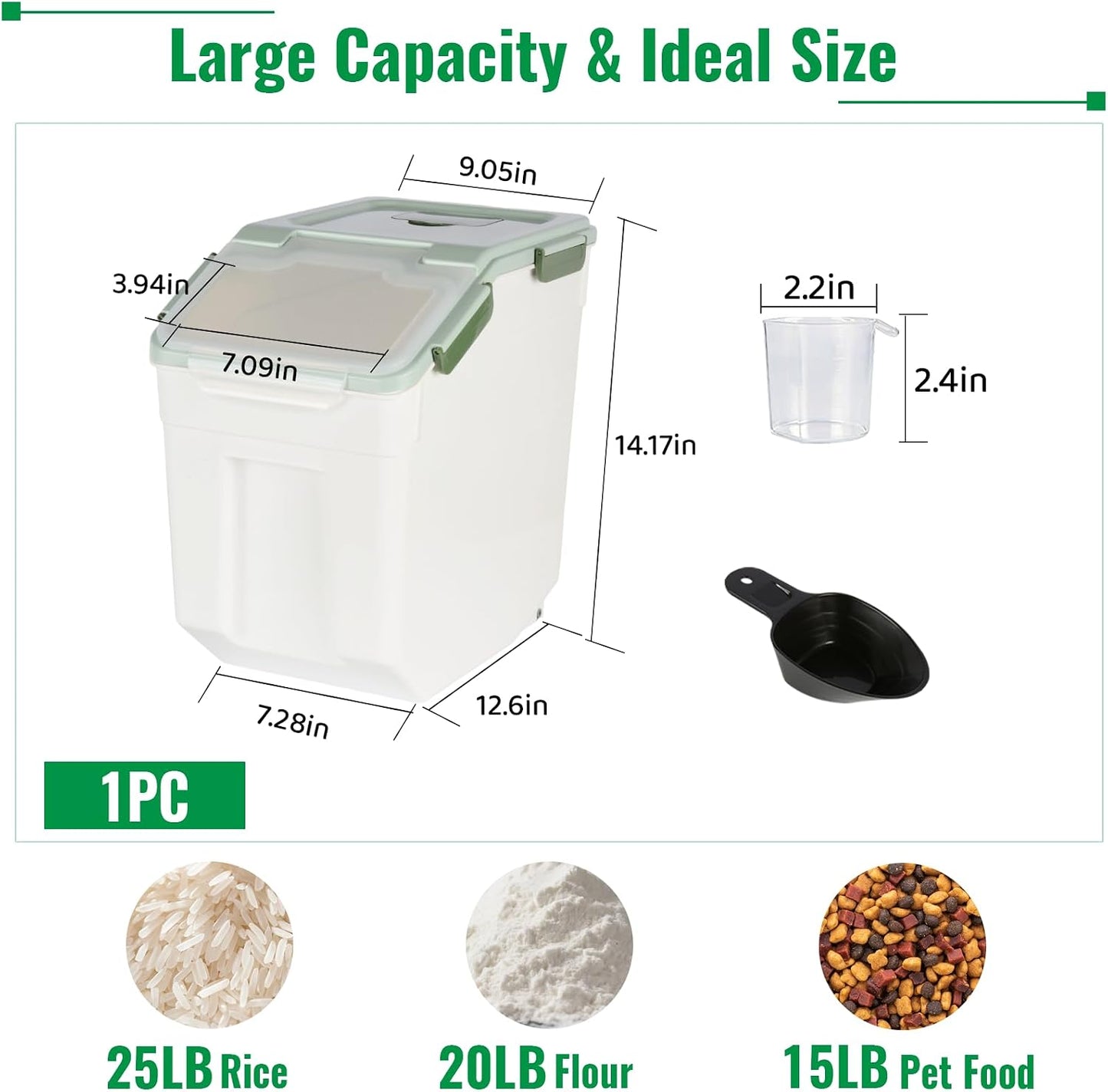 4 Pack Rice Container 25 lbs Large Bulk Flour Sugar Storage Holdhouse Plastic Grain Cereal Dry Goods Bin with Spoon and Measuring Cup for Kitchen Pantry Organization - Green