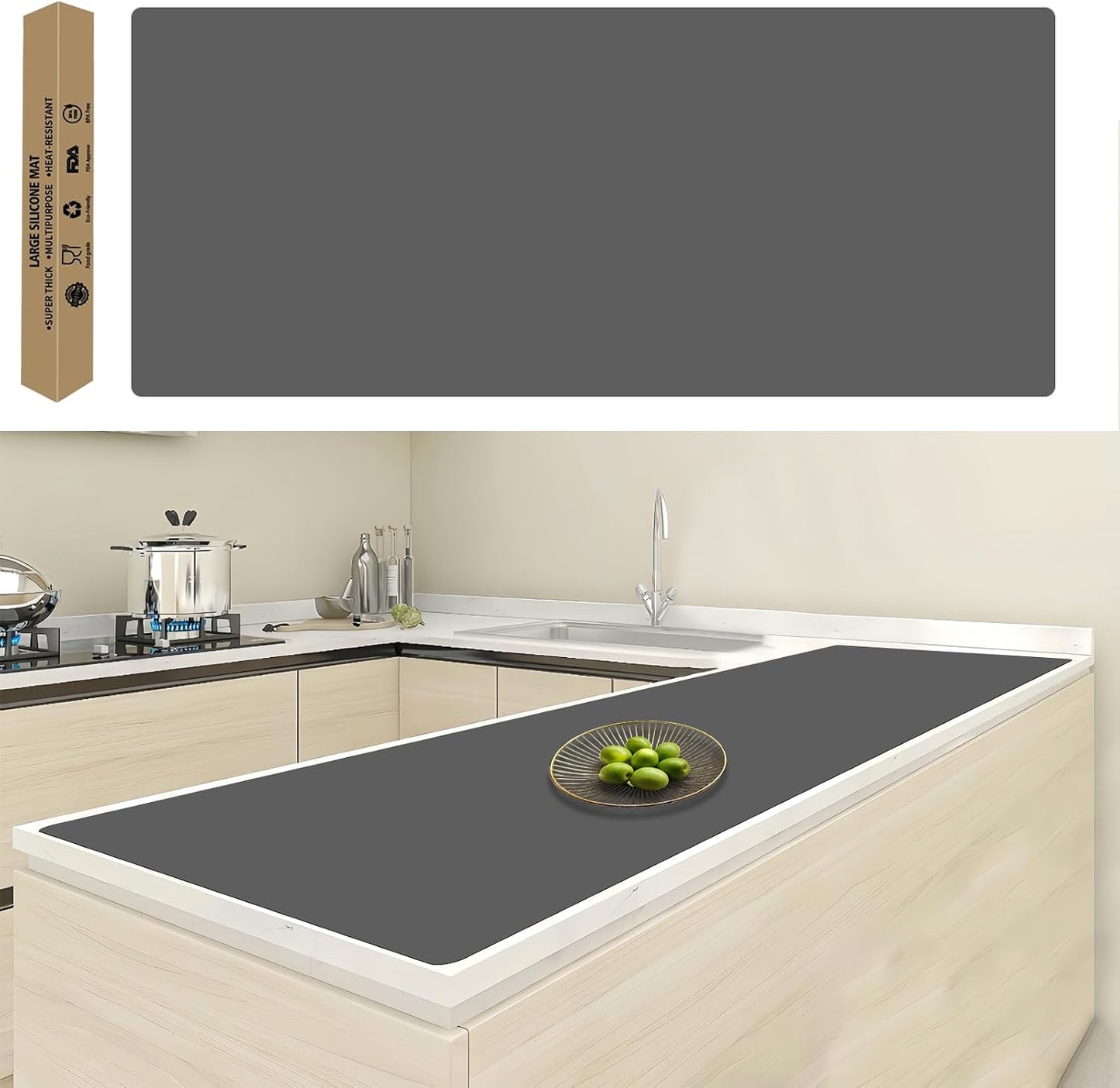 47.2"x23.6"(120cmx60cm) Large Silicone Mat for Kitchen Counter, Non-Slip Heat Resistant Countertop Protector, Waterproof Multipurpose Mat for Kitchen Island, Black