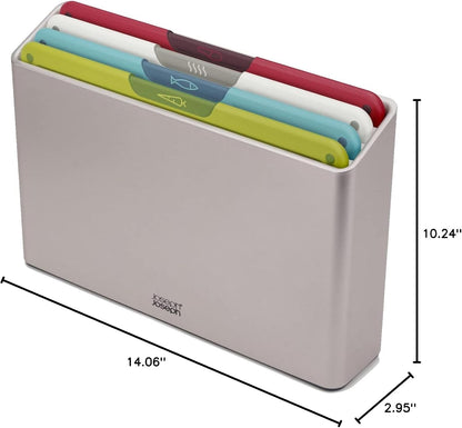 Joseph Joseph Folio Icon 4-Piece Multi Colour coded Cutting Board Set, Stainless Steel Slimline case for organized Kitchen storage, Silver