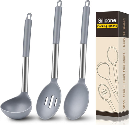 3Pcs Silicone Cooking Spoon Set, Kitchen Utensils Include Solid & Slotted Spoon, Soup Ladle, Food-Grade Heat Resistant 446°F, Non-Scratch Spoons for Serving, Stirring, Draining, Dishwasher Safe, Gray