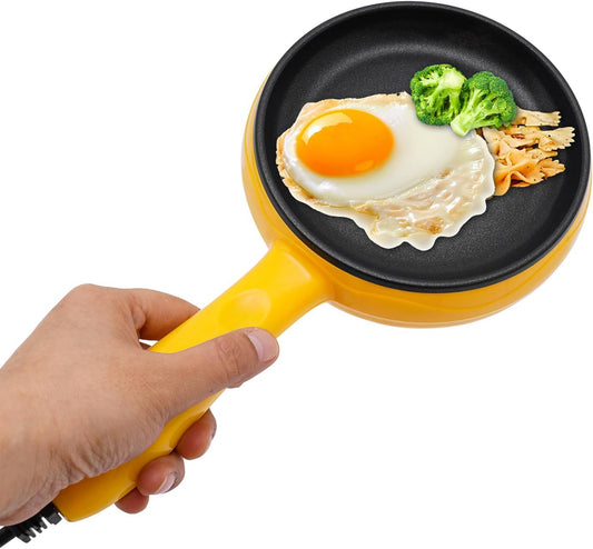 Non-Stick Electric Skillet, 450W 110V Round Mini Frying Pan, Egg Pancake Maker Omelet w/Wooden Spatula, Overheating Protection, Used for Frying Dumplings, Bacon, Sausage, 5.9 * 5.9 * 2.2in (Yellow)